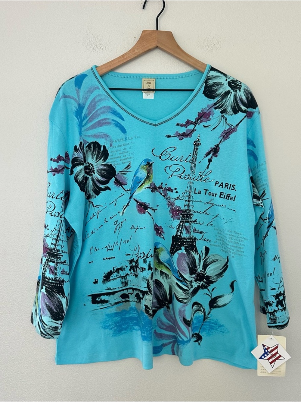 NWT Jess & Jane USA Made 100% Cotton Top 1X Blue Paris Floral Rhinestone Artsy